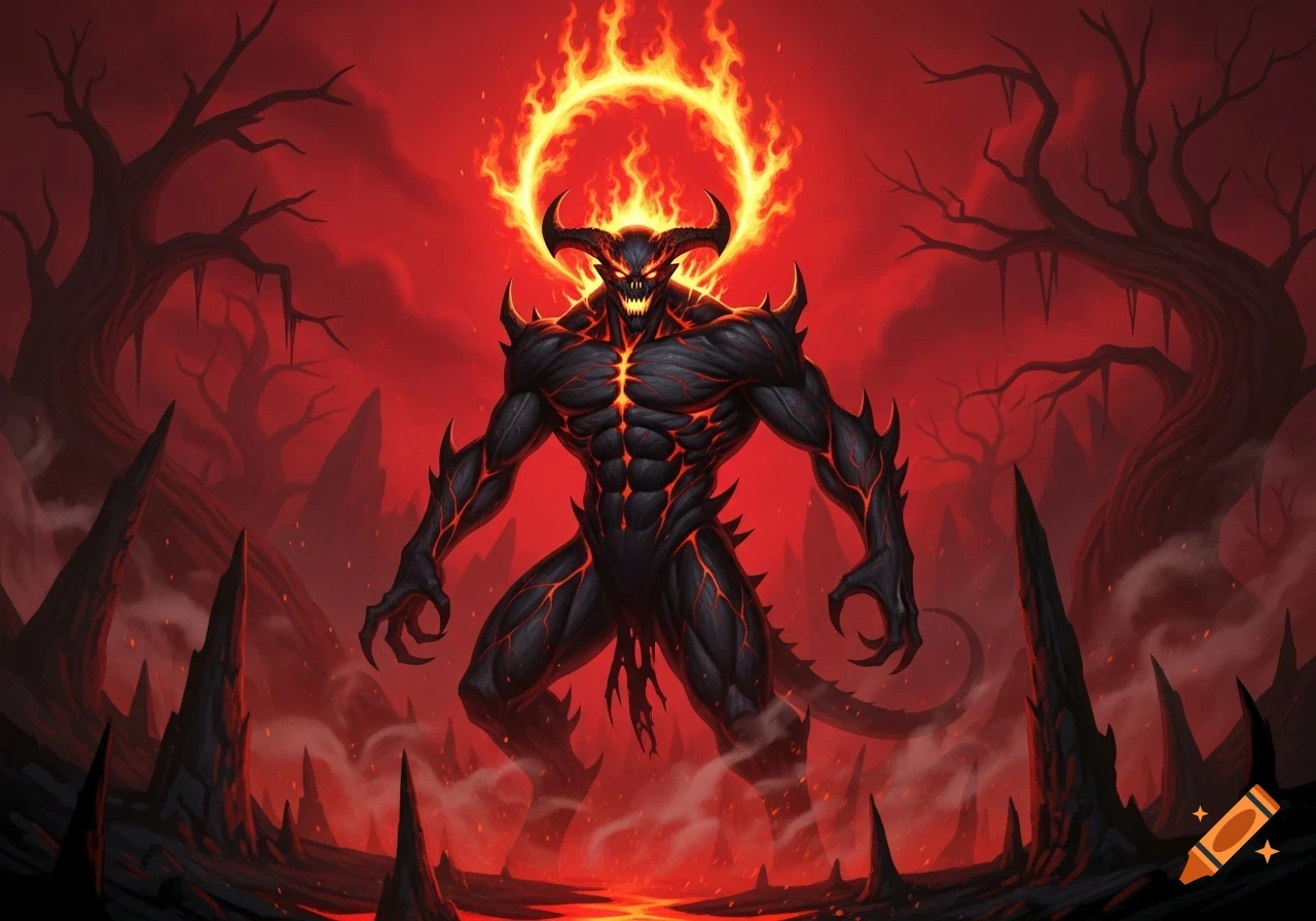 A powerful demonic creature with a fiery halo, horns, and glowing red cracks on its black body stands in a hellish landscape.