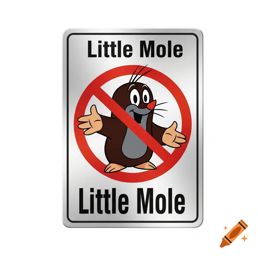 A white prohibition sign with a cartoon mole inside a red circle with a diagonal line. Text above and below reads 'Little Mole'.