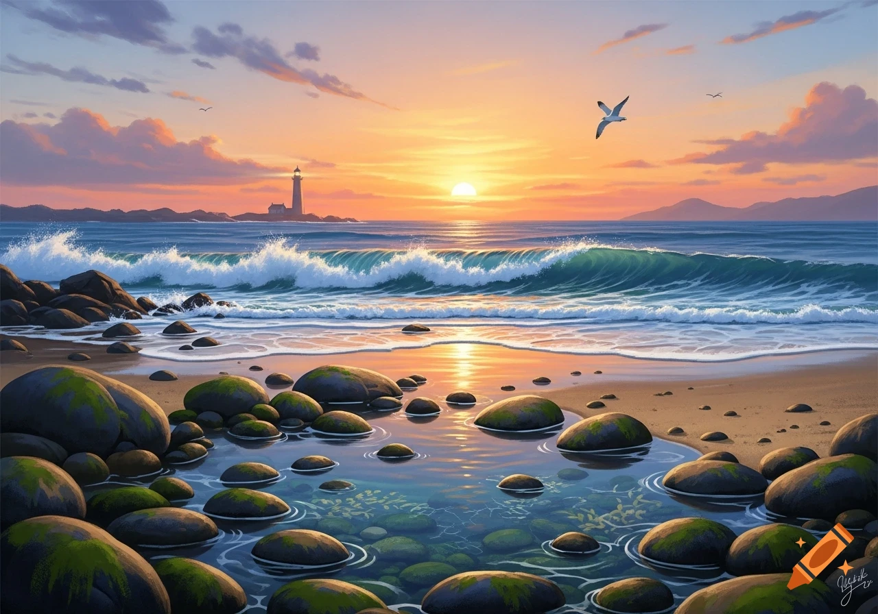 A vibrant sunset over a rocky beach with crashing waves, a lighthouse in the distance, and seagulls flying.