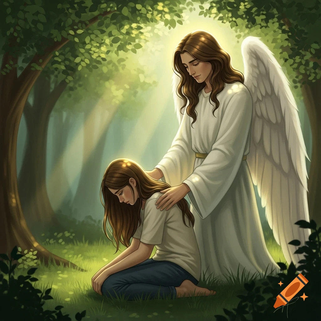 An archangel with large white wings comforts a kneeling, sad young woman in a sunlit forest clearing.