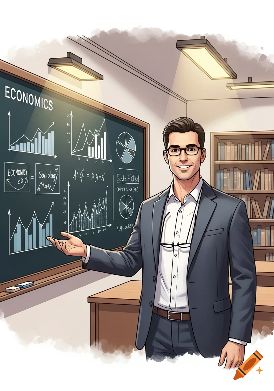 Illustration of a smiling male teacher in a suit and glasses, presenting graphs and text on a blackboard in a classroom.