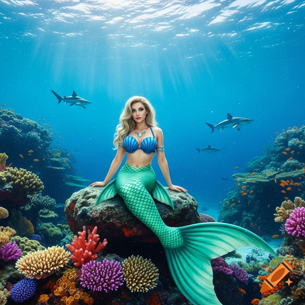 A blonde mermaid with a blue seashell bra and aqua green tail sits on a rock in a vibrant coral reef, with sharks swimming above.