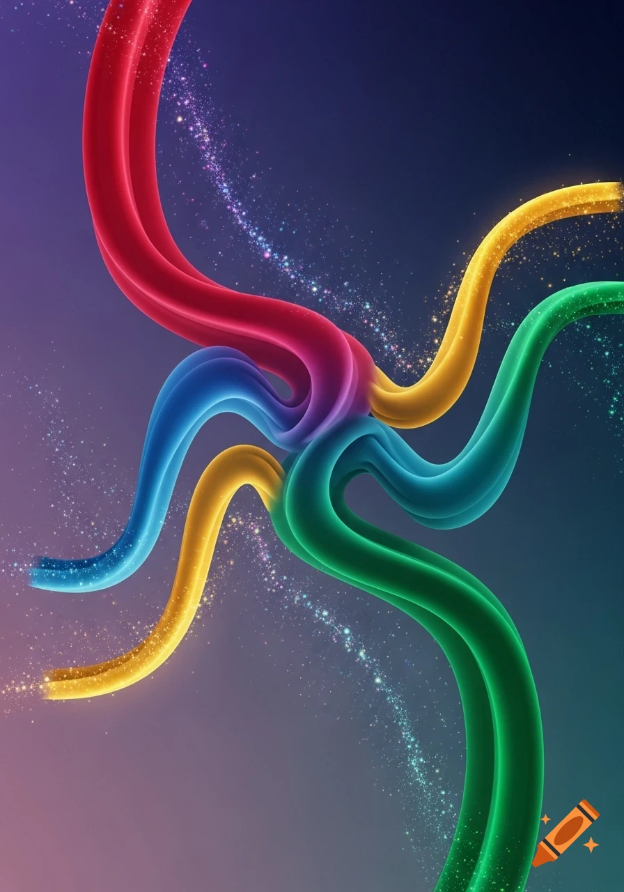 Vibrant intertwined wavy bands of red, blue, yellow, and green glow with sparkling light against a dark gradient background.