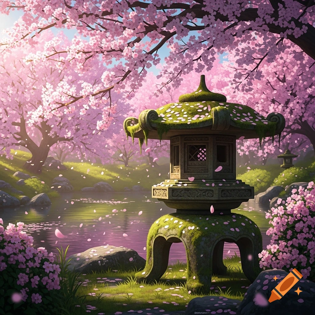 A vibrant Japanese garden with a mossy stone lantern by a pond, surrounded by pink cherry blossom trees with falling petals.