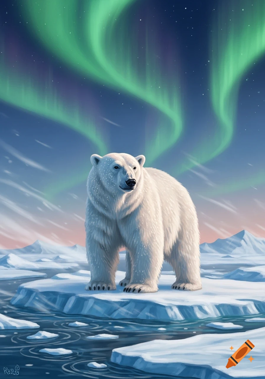 A polar bear stands on an ice floe under a vibrant green aurora borealis in an arctic landscape.