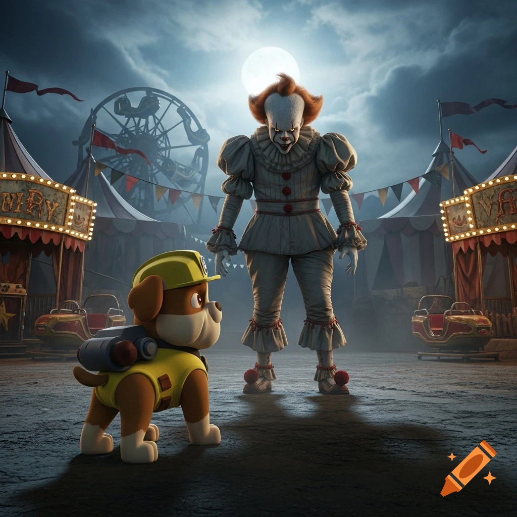 Rubble from Paw Patrol faces Pennywise the clown in a dark, spooky carnival under a full moon.