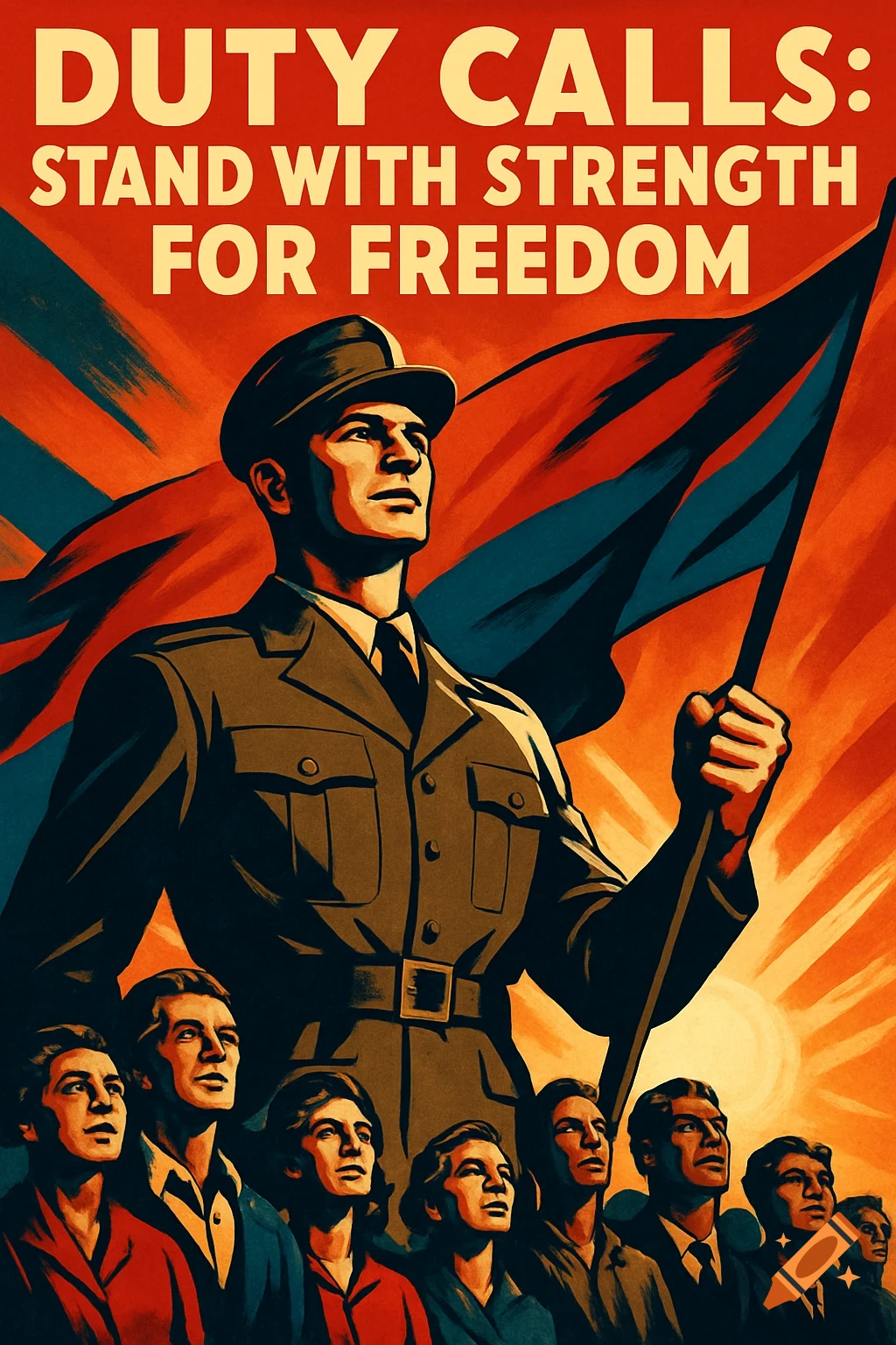 A propaganda poster in vintage style features a soldier holding a flag, with citizens below. Text: DUTY CALLS: STAND WITH STRENGTH FOR FREEDOM.