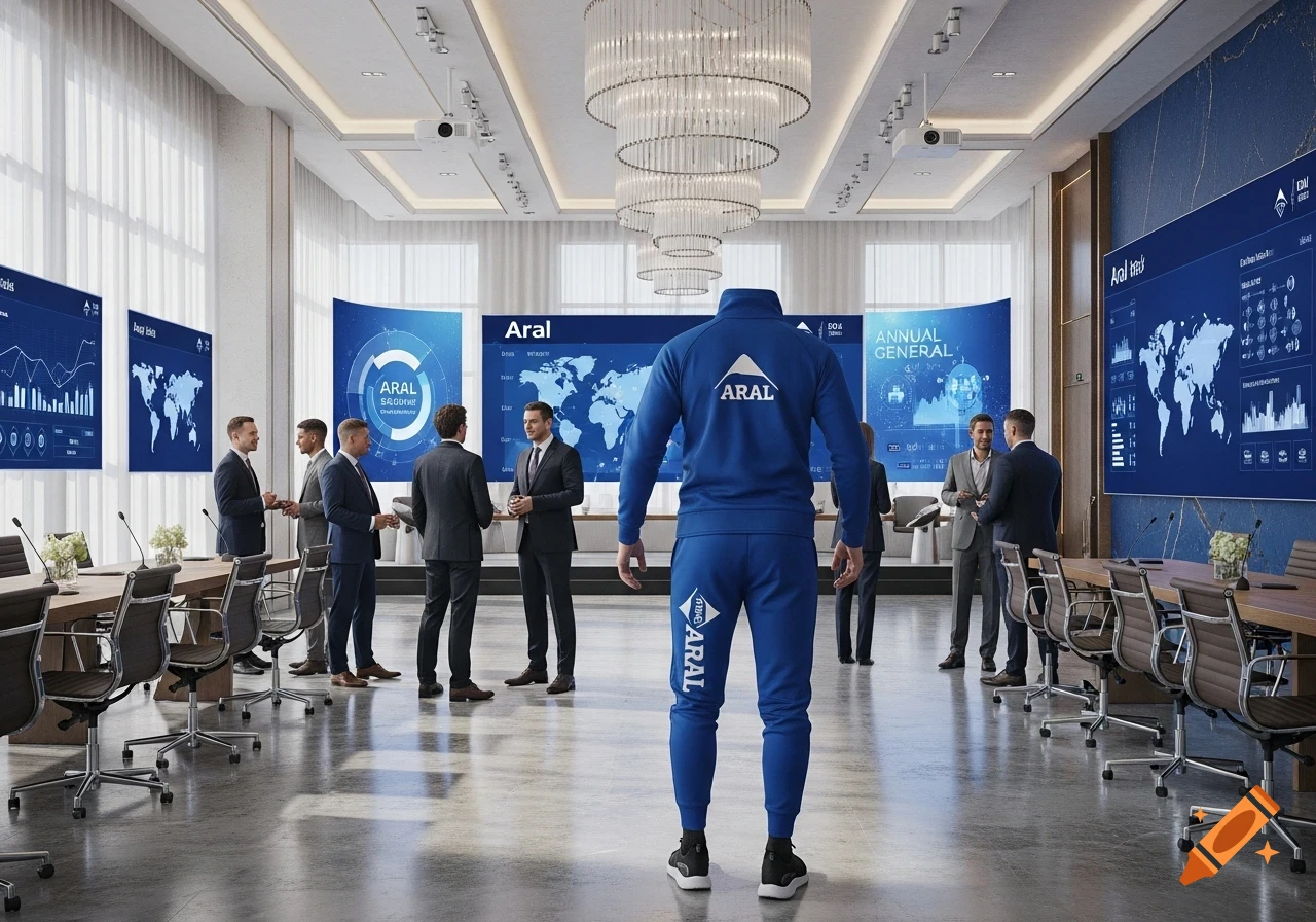 Men in business suits and one in a blue tracksuit with 'ARAL' logo in a modern conference room with large screens displaying data and world maps.
