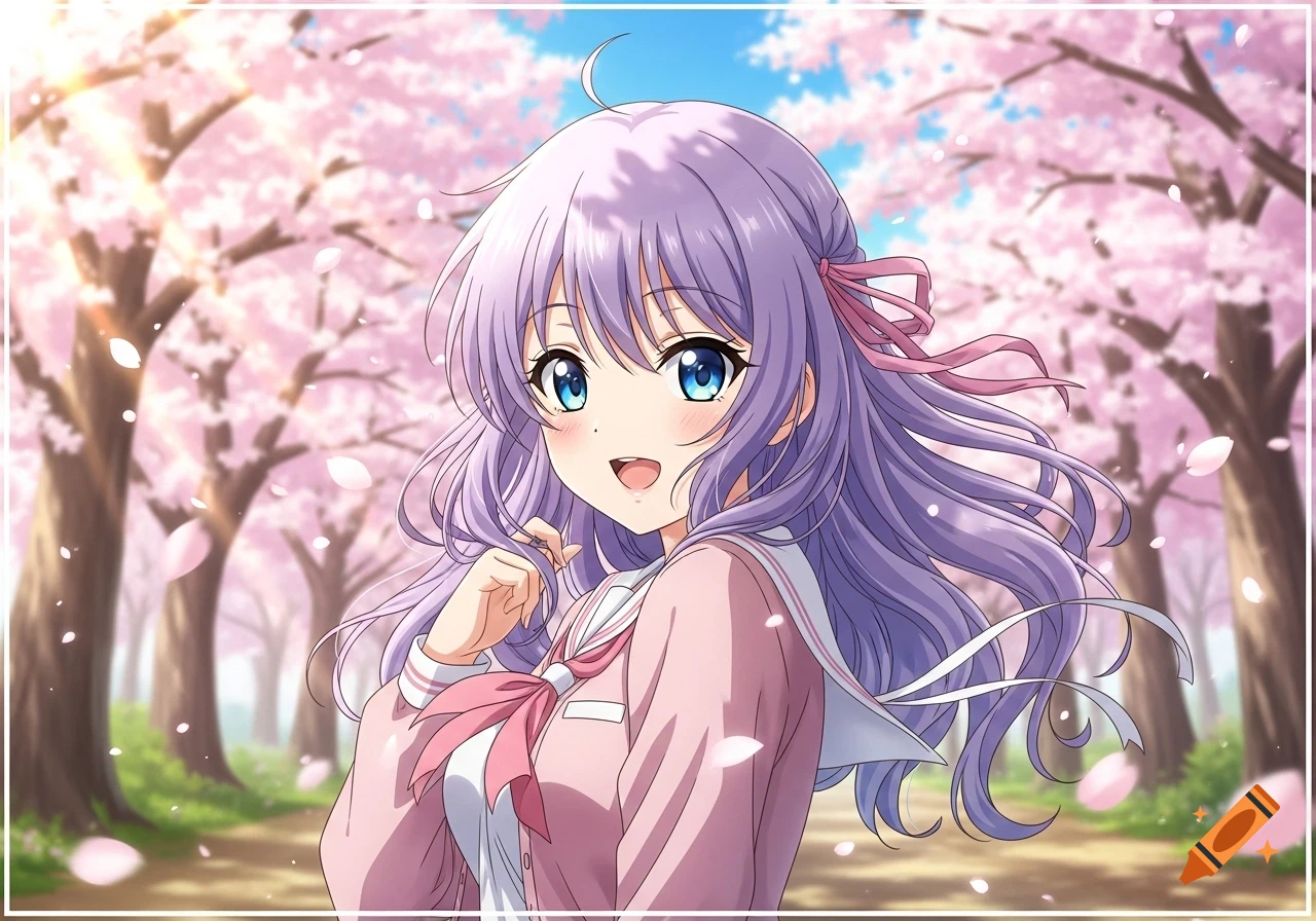 An anime girl with long lavender hair and blue eyes smiles in a pink school uniform, standing among blooming cherry blossom trees.