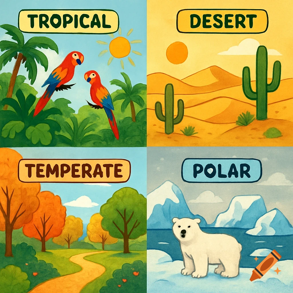 A four-panel illustration showing different climate zones. Panels are labeled Tropical with parrots, Desert with cacti, Temperate with autumn trees, and Polar with a polar bear.
