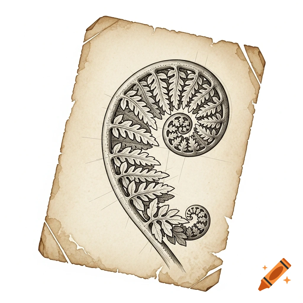 Detailed illustration of a curled fern frond, styled as an Albrecht Dürer sketch on aged, torn paper.