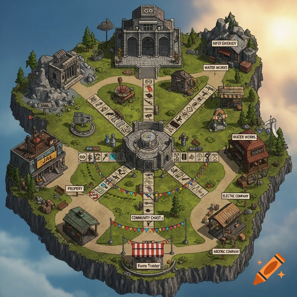 An isometric view of a floating island designed like a Monopoly board game, featuring various buildings, paths, and game spaces, under a partly cloudy sky.