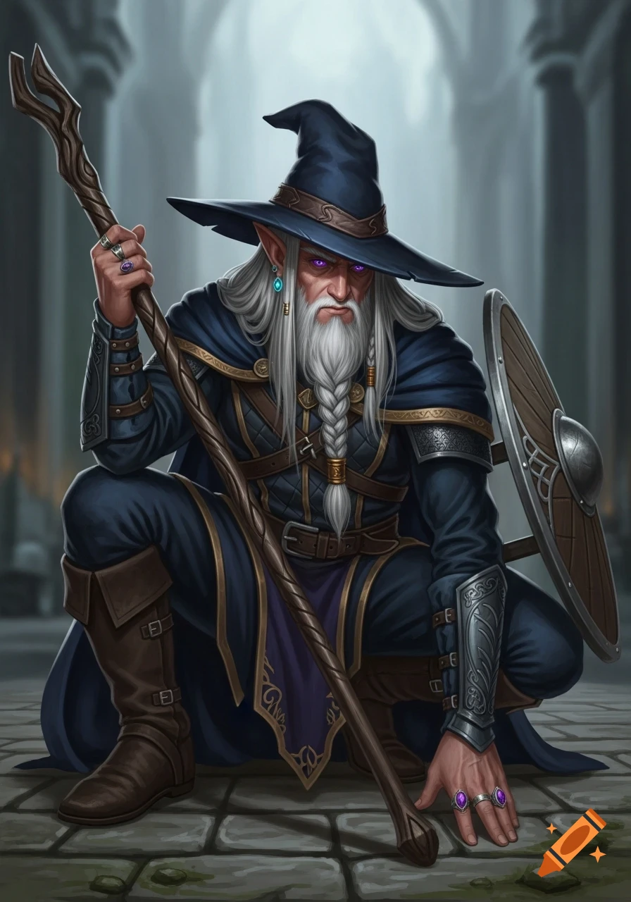 A photorealistic digital painting of an ancient high elf wizard with silver hair, violet eyes, and a blue hat, crouching with a staff and shield.