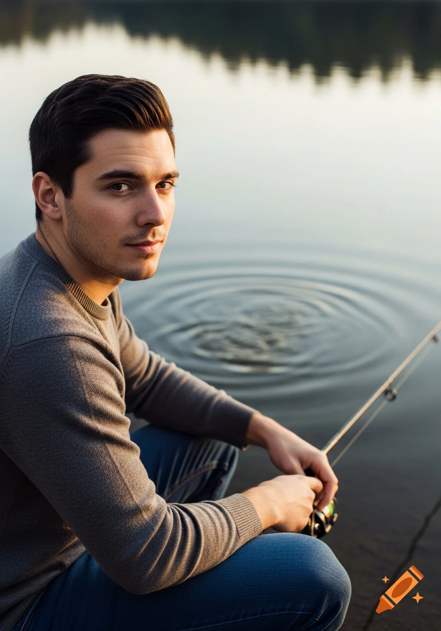 Photorealistic portrait of a man squatting by a lake, holding a fishing rod as ripples spread on the water.