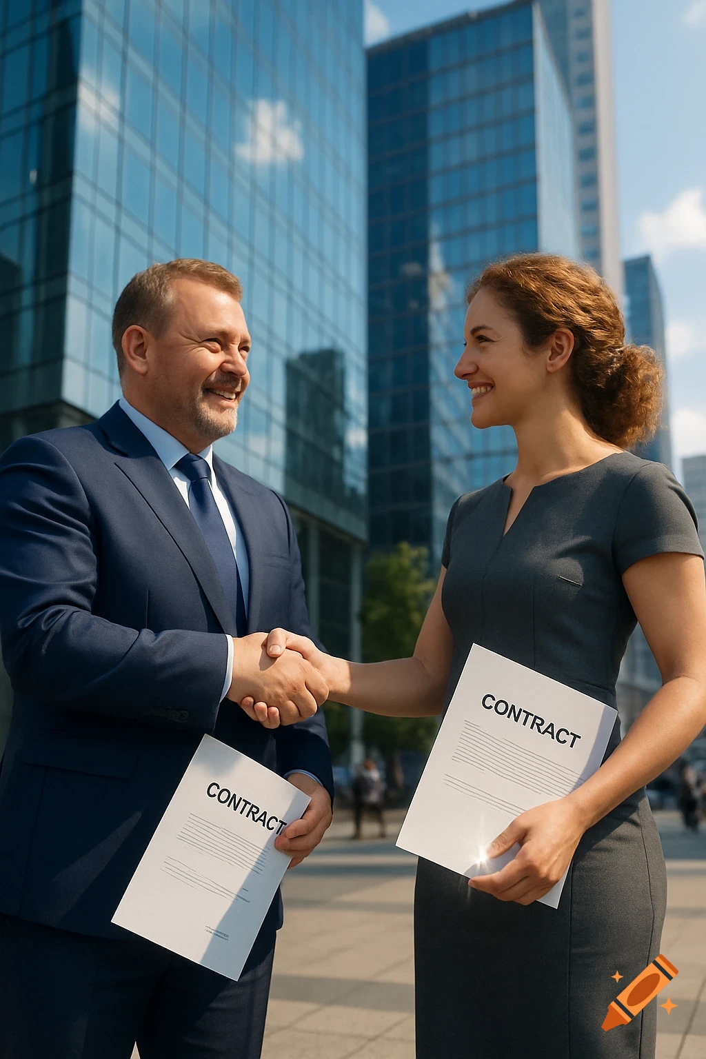 Two smiling business professionals shake hands outside a modern building, each holding a contract.