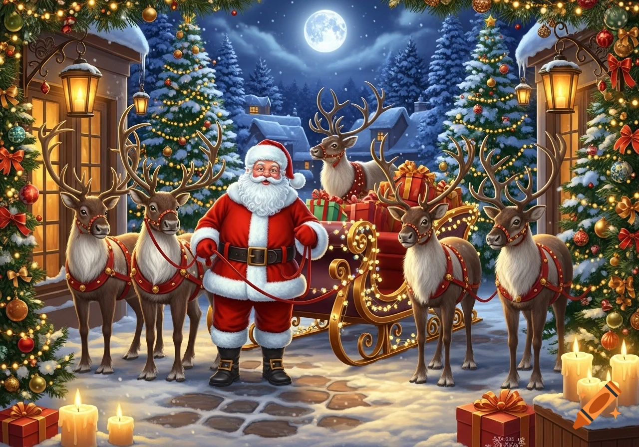 Santa Claus stands with his reindeer and a gift-filled sleigh in a ...