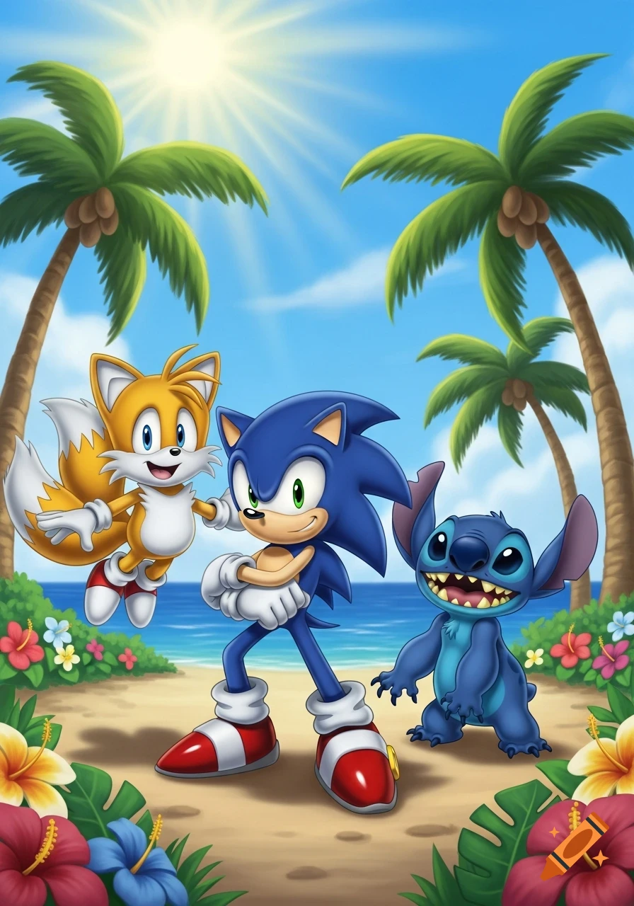 Sonic and Tails stand on a sunny beach with Stitch, surrounded by palm trees and tropical flowers.