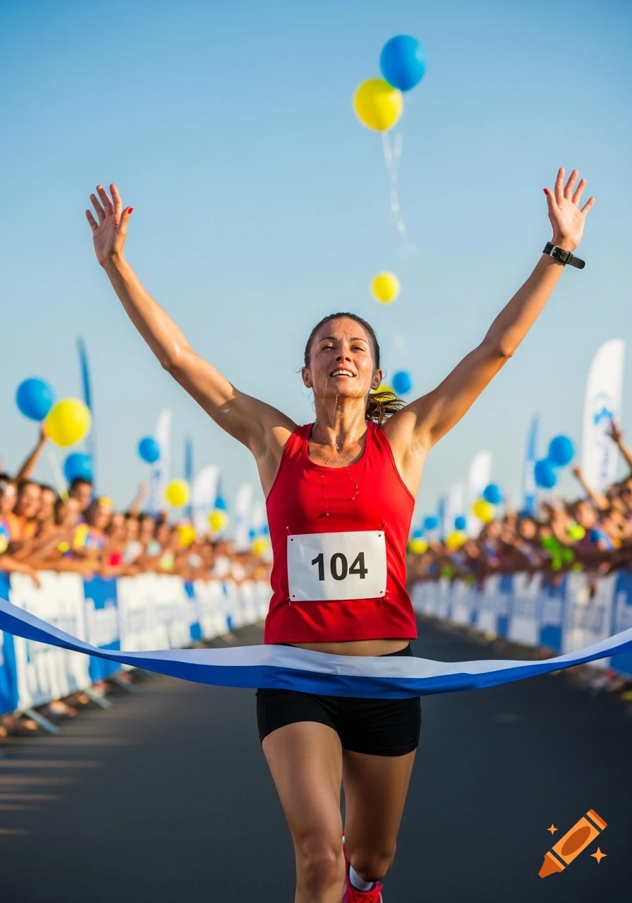 A female runner in a red top with bib "104" crosses the finish line with arms raised in victory, a cheering crowd behind her. Photorealistic.