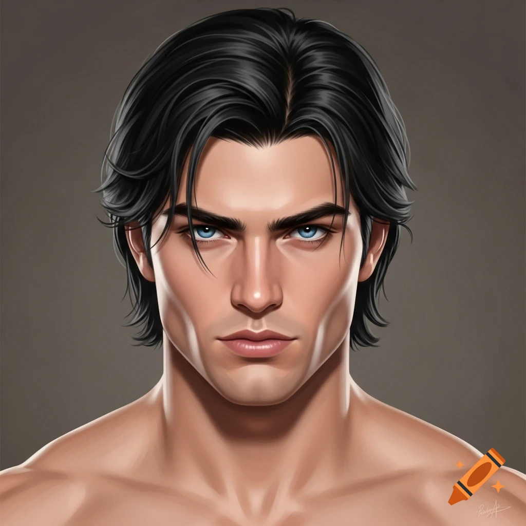 A stylized headshot of an attractive man with dark hair, blue eyes, and a muscular build against a plain background.