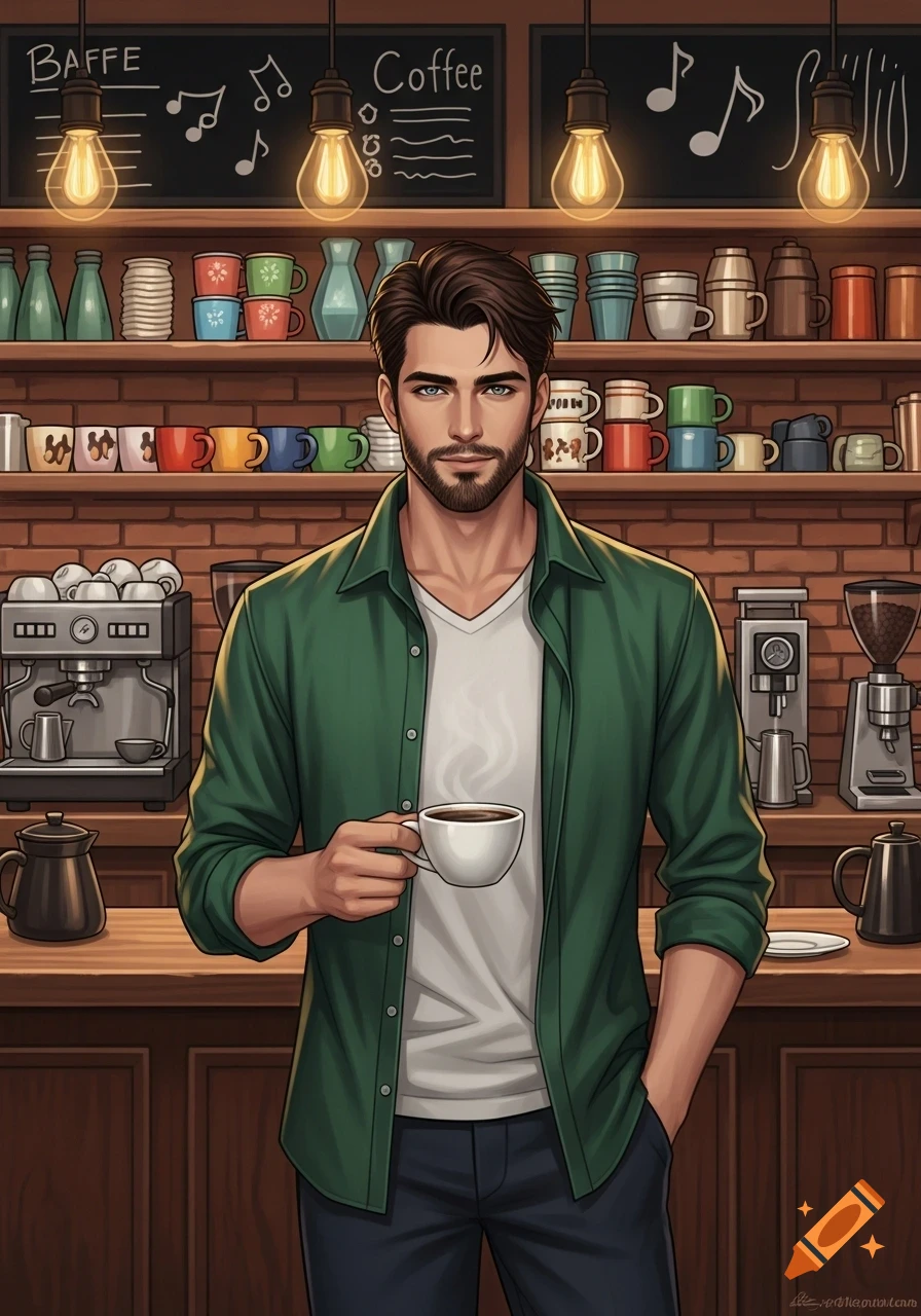 An illustrative image of a handsome man with a beard holding a coffee cup in a charming coffee shop.