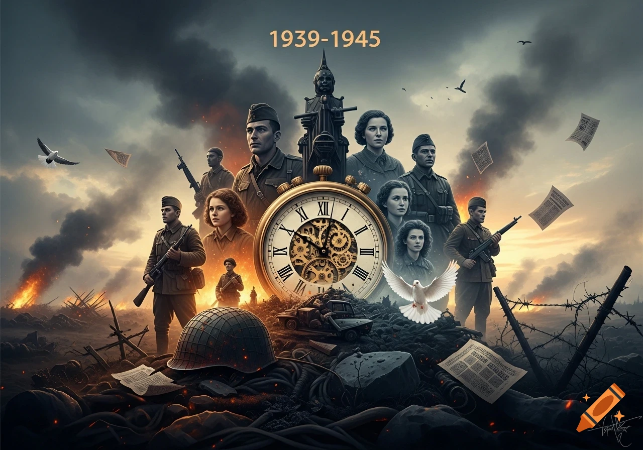 Digital art commemorating World War II, featuring soldiers and civilians around a large clock with gears, set against a backdrop of explosions, smoke, and a peaceful dove, with the text "1939-1945" at the top.
