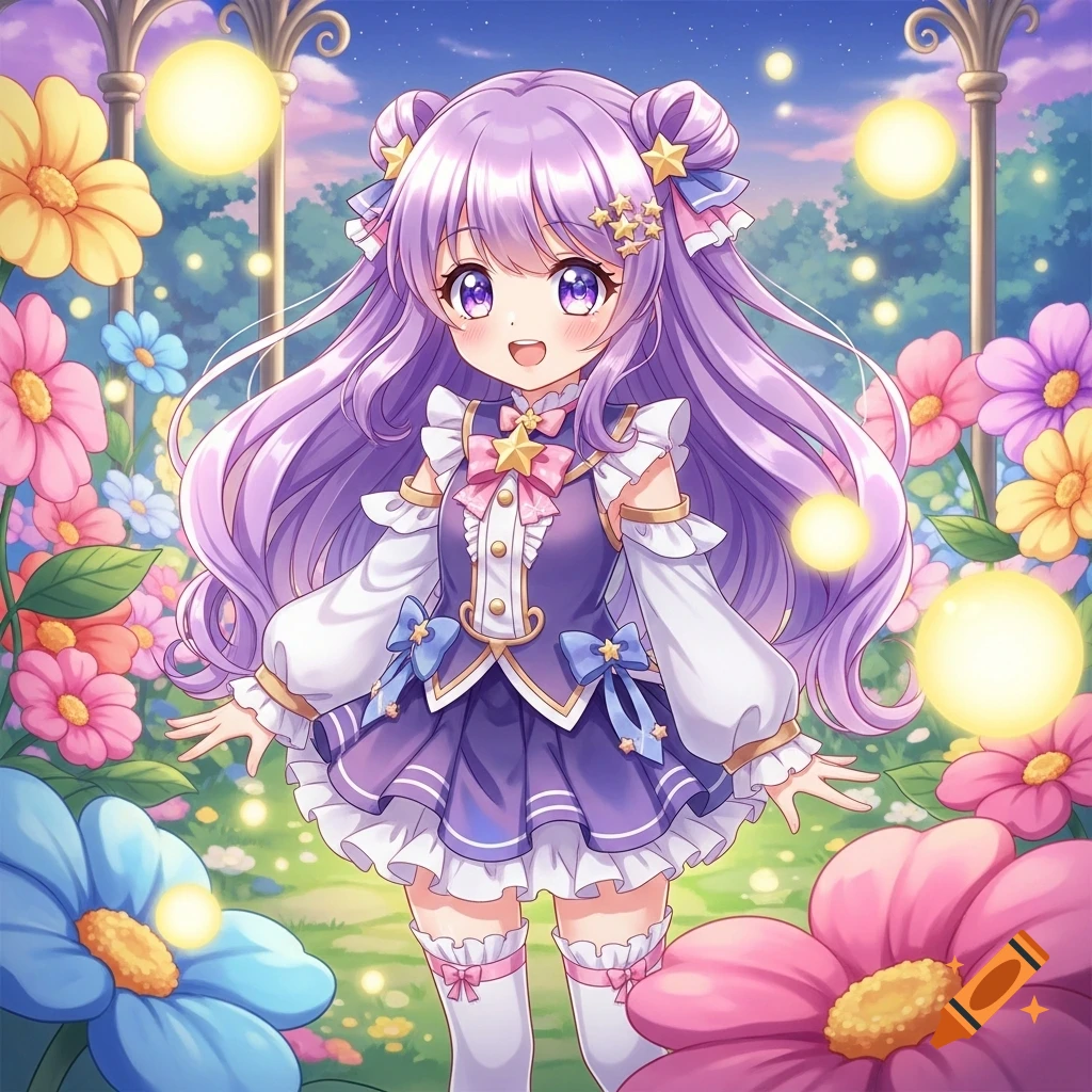 Cute anime girl with long purple hair and a purple dress, surrounded by colorful flowers and glowing lights in a magical garden.