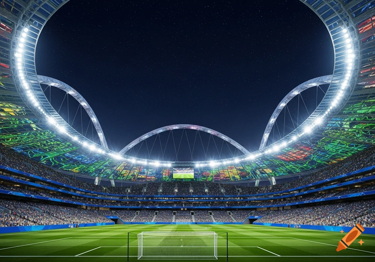 A modern, illuminated football stadium at night under a star-filled sky, with a green pitch and full stands.