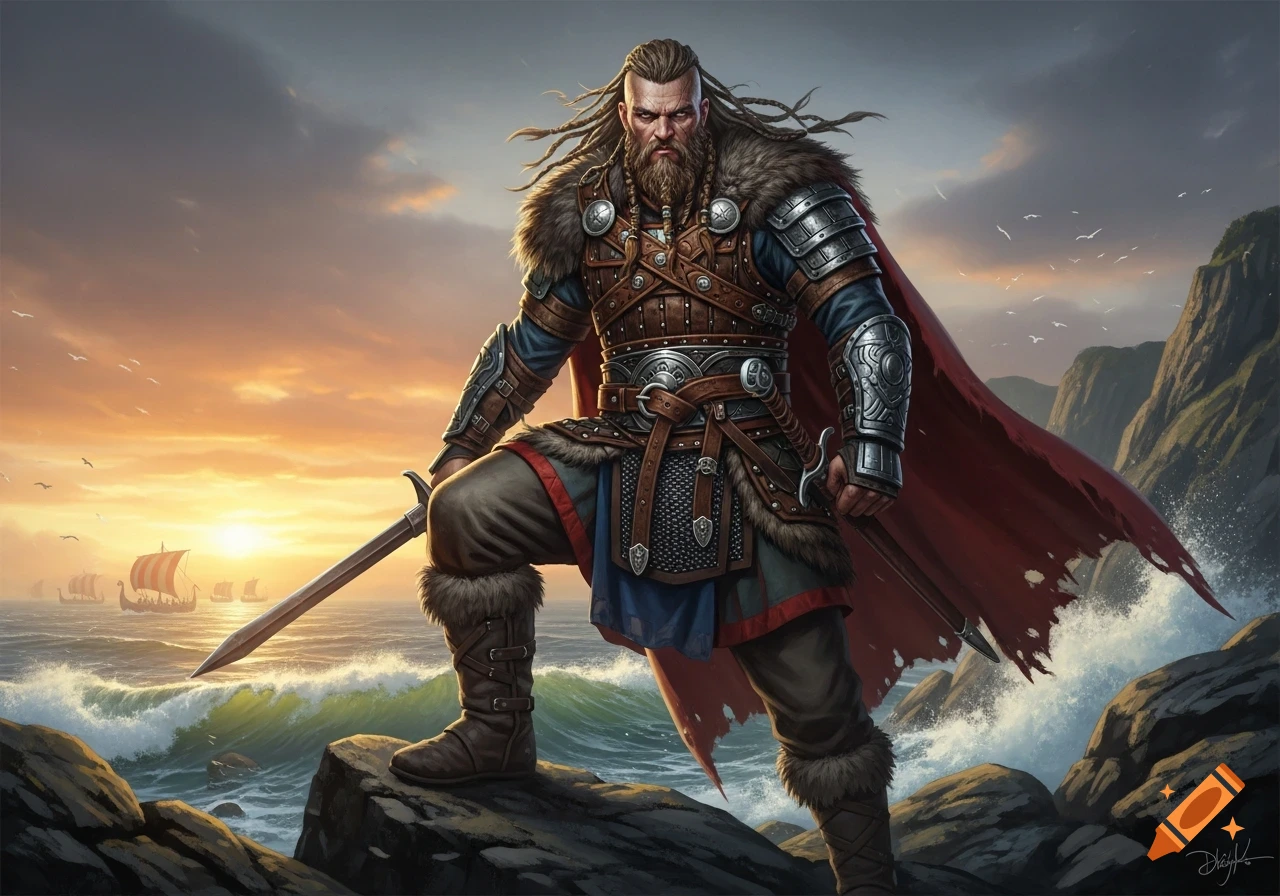 A muscular Viking warrior with a braided beard and fur-lined armor stands on a rocky shore, holding two swords, overlooking longships at sunset.