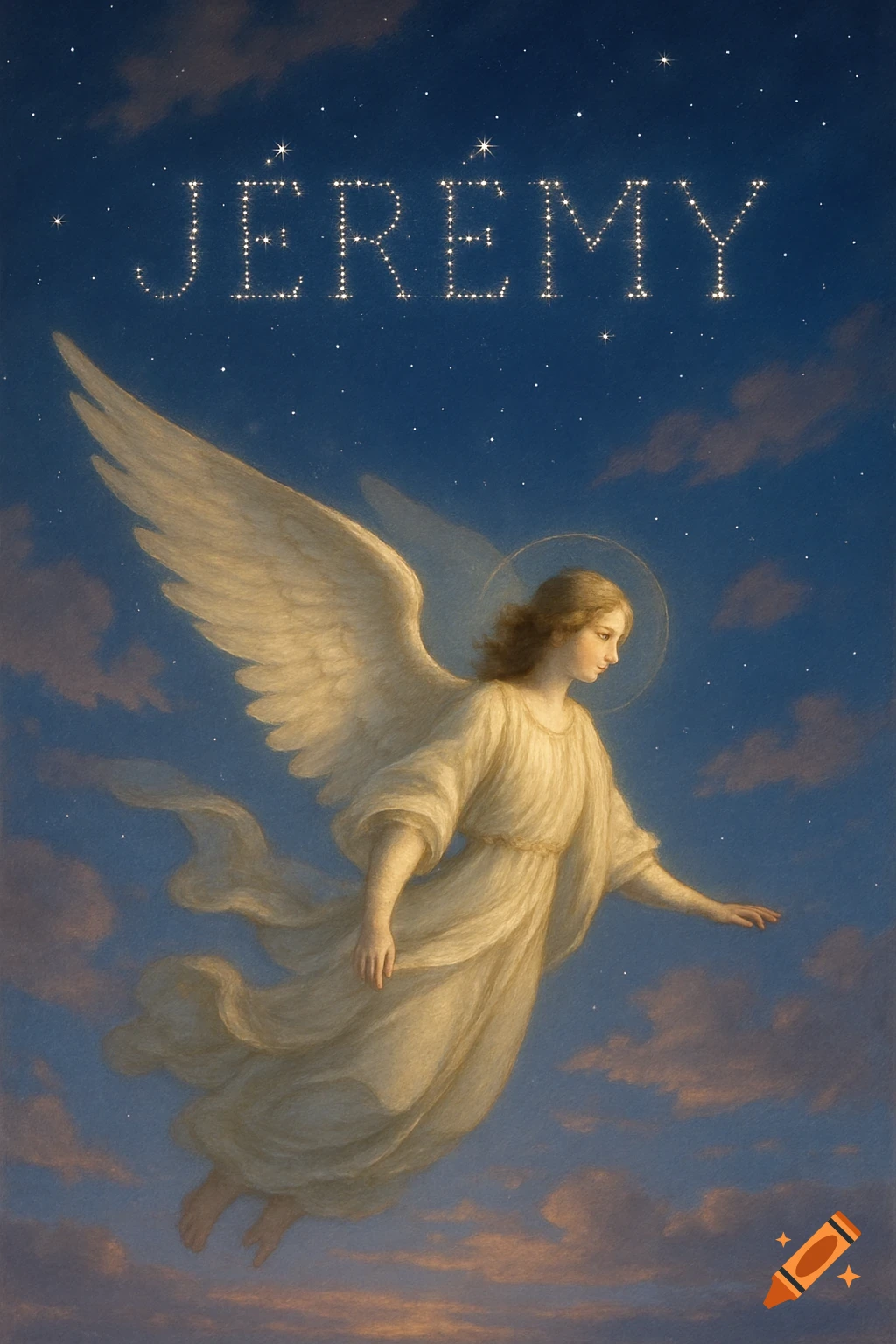 An angelic figure with large wings floats in a starry twilight sky, with the name 'JÉRÉMY' written in stars above.