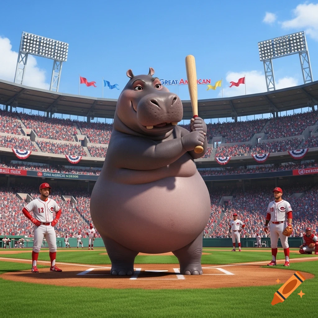A giant cartoon hippo wearing a baseball uniform holds a bat on a baseball field during a game, with human players and a stadium full of fans in the background.