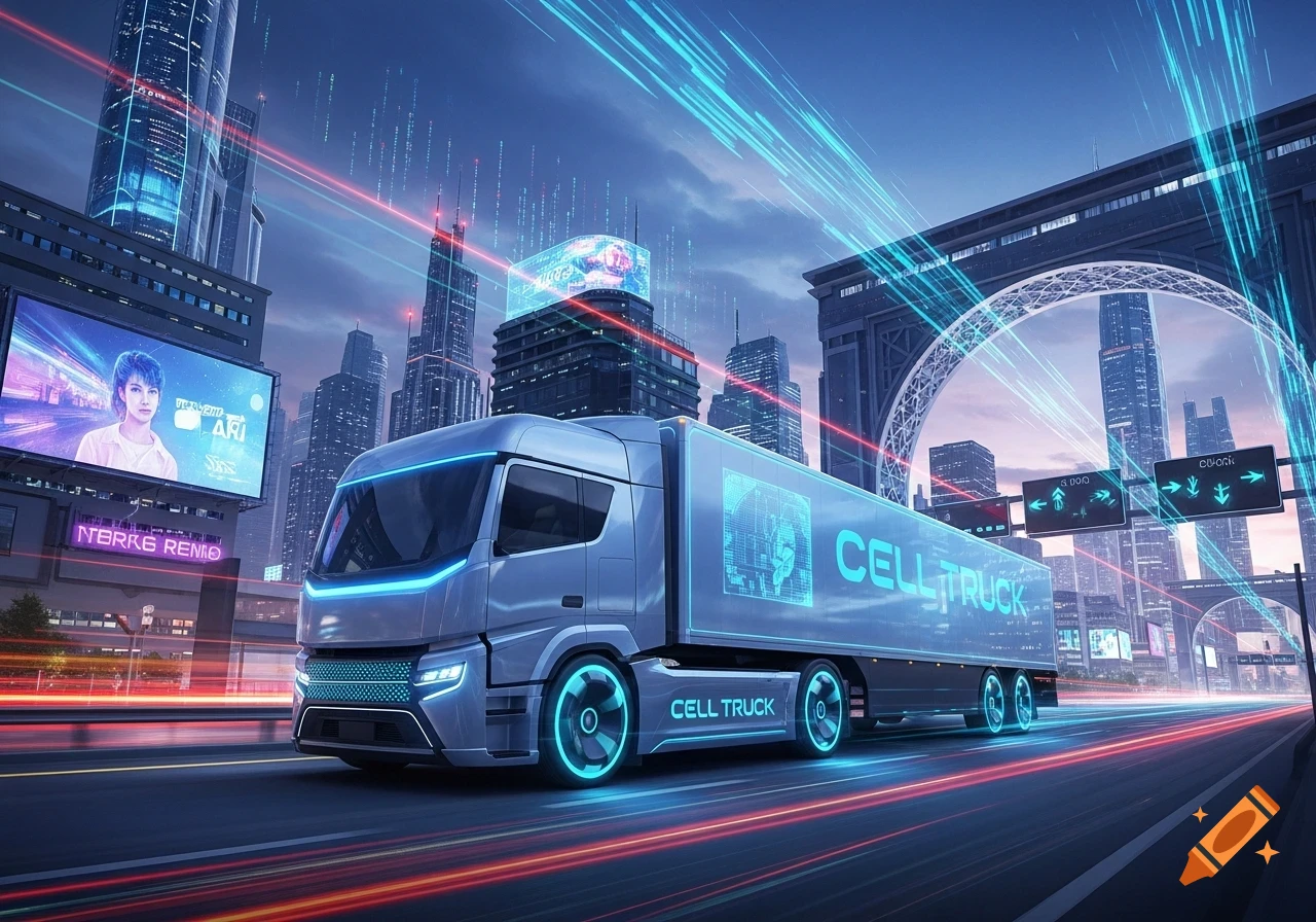 A futuristic grey truck with glowing blue lights drives through a vibrant, neon-lit cityscape with towering skyscrapers and digital light trails.