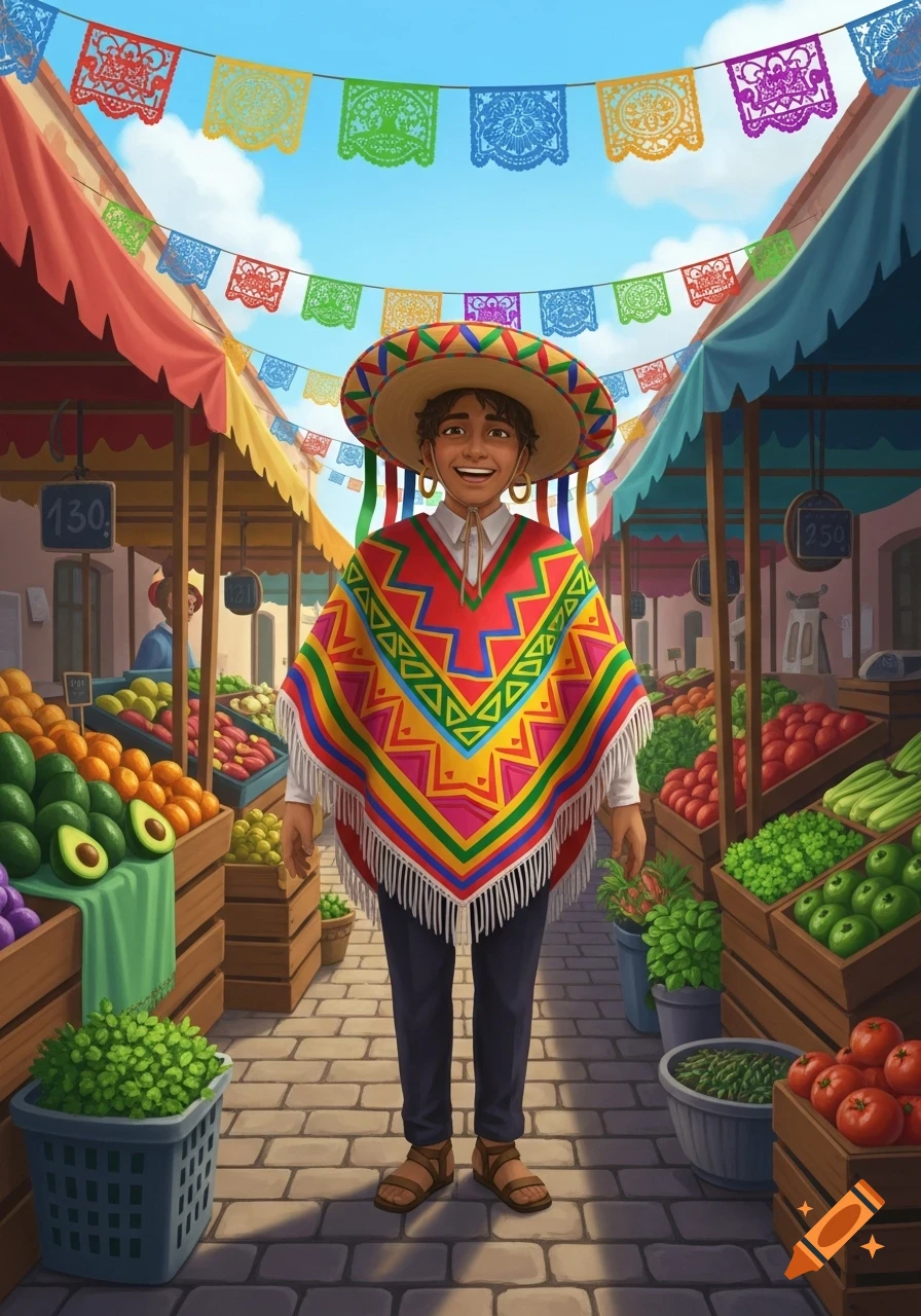 A person in a colorful poncho and sombrero smiles at a vibrant outdoor market with fresh produce and papel picado banners.