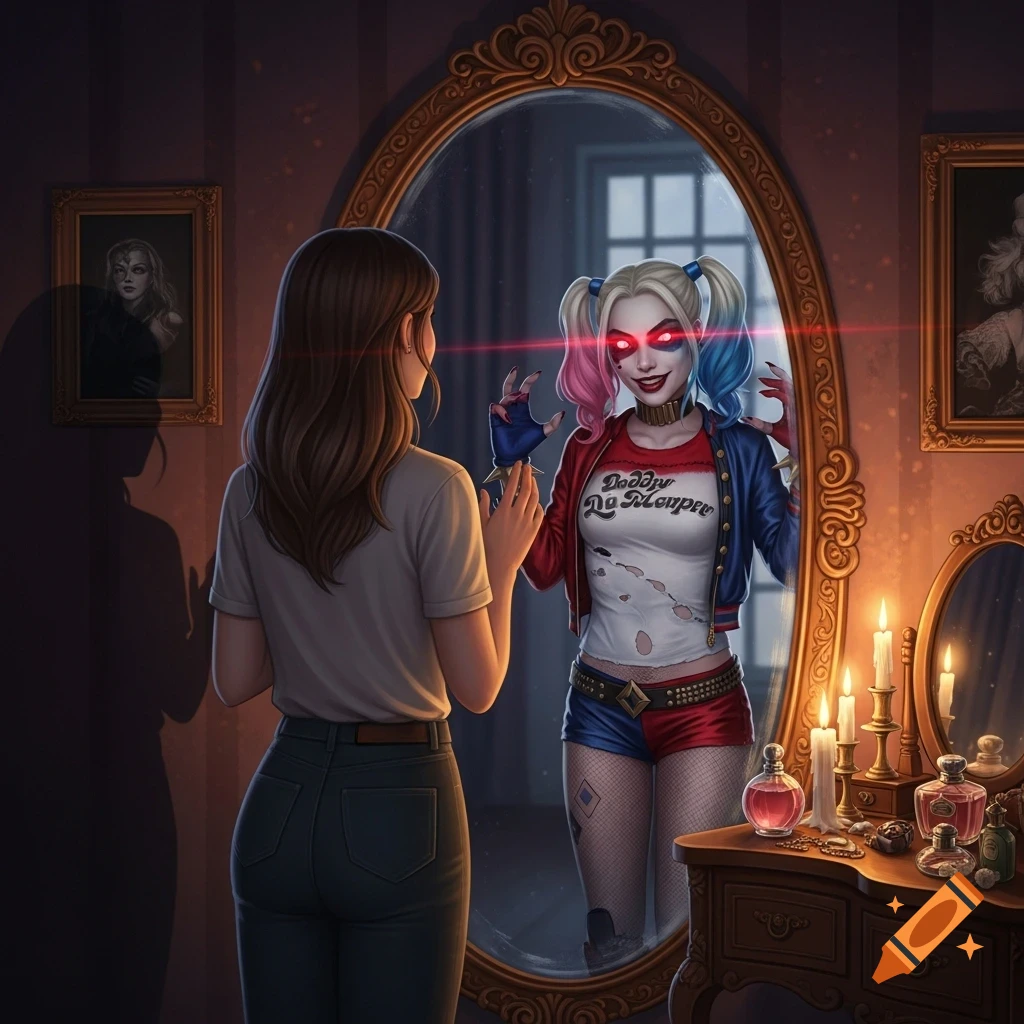 A woman looks into a mirror, seeing her reflection transform into a glowing-eyed Harley Quinn in a room with candles and perfume.