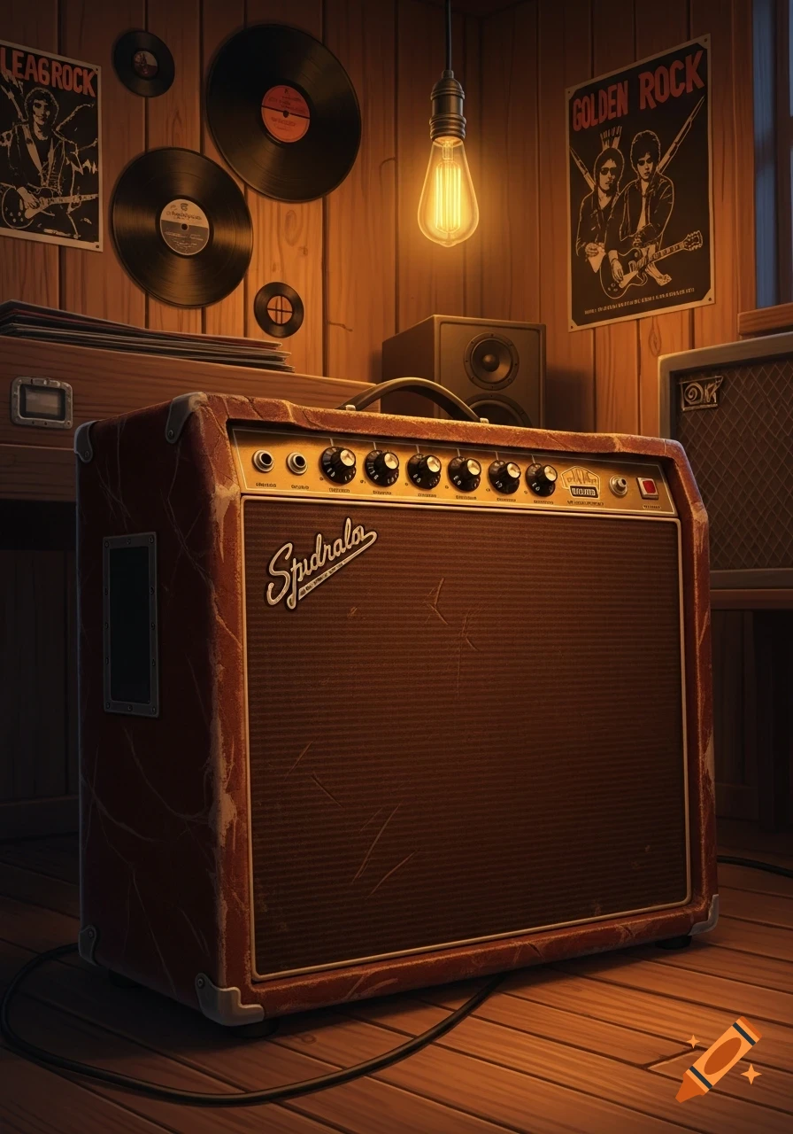 A vintage brown and red guitar amplifier sits in a dimly lit, wood-paneled room decorated with vinyl records and rock posters.