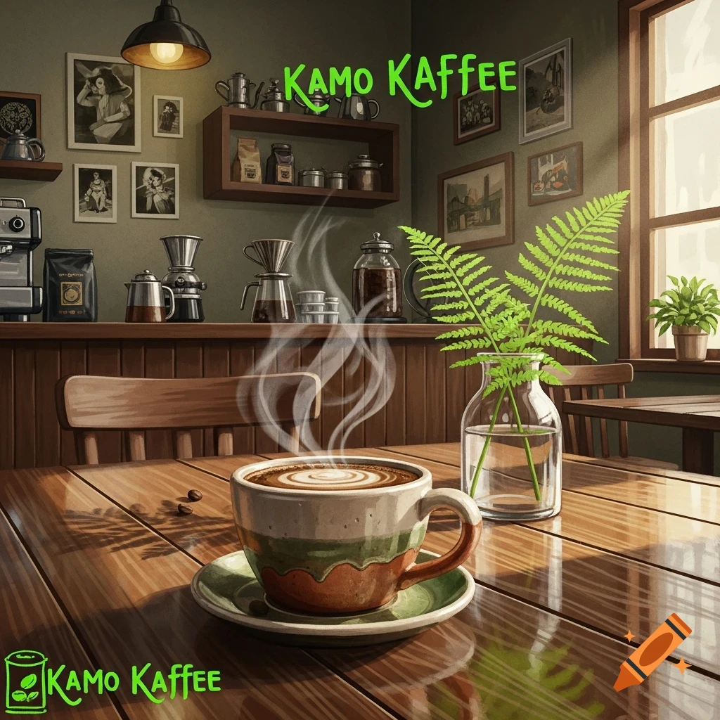 A steaming cup of coffee with latte art on a wooden table in a rustic coffee shop, with 'KAMO KAFFEE' text visible.