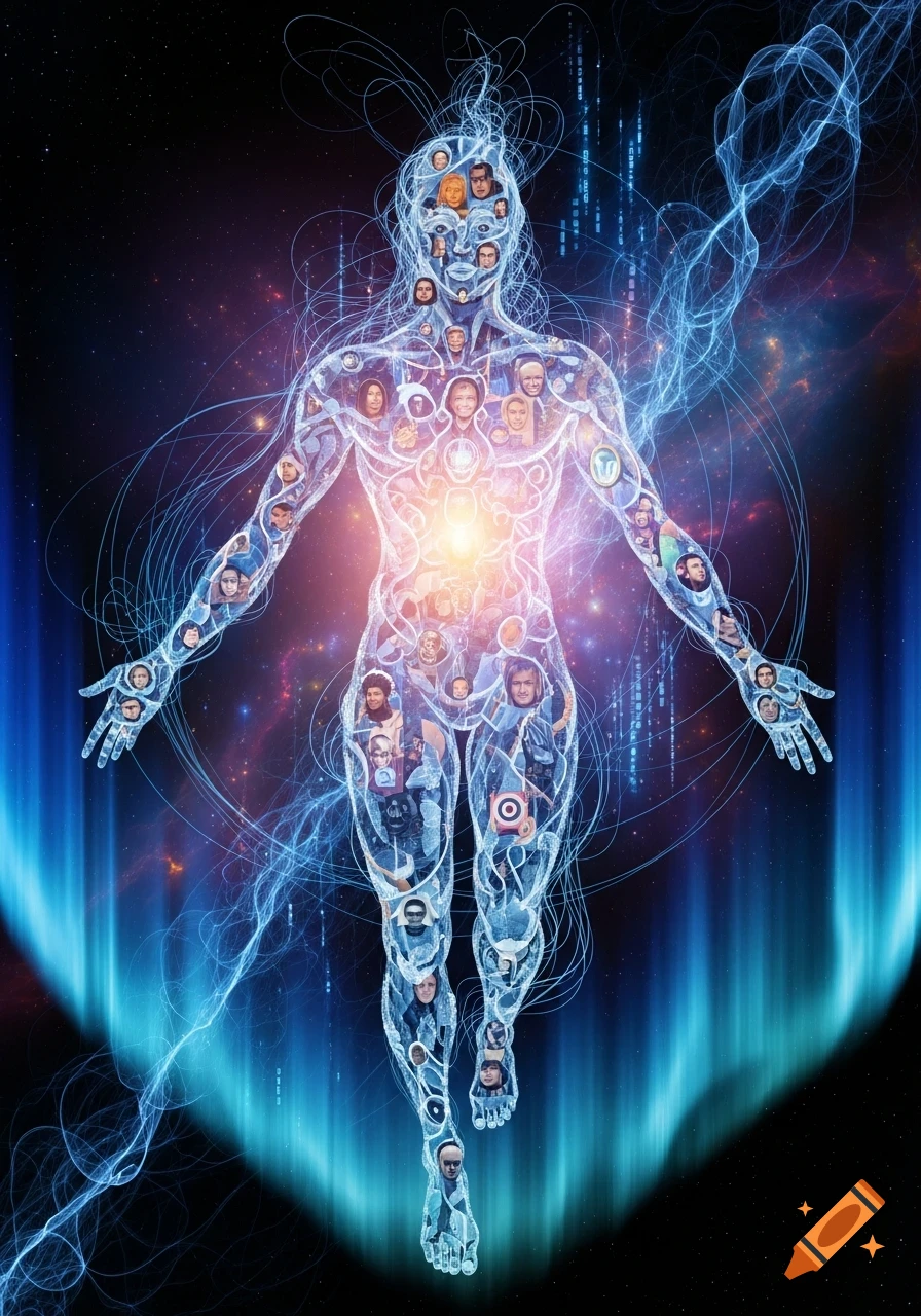A glowing, translucent human figure made of light and swirling lines, filled with many embedded faces, against a starry cosmic background with digital blue streams.