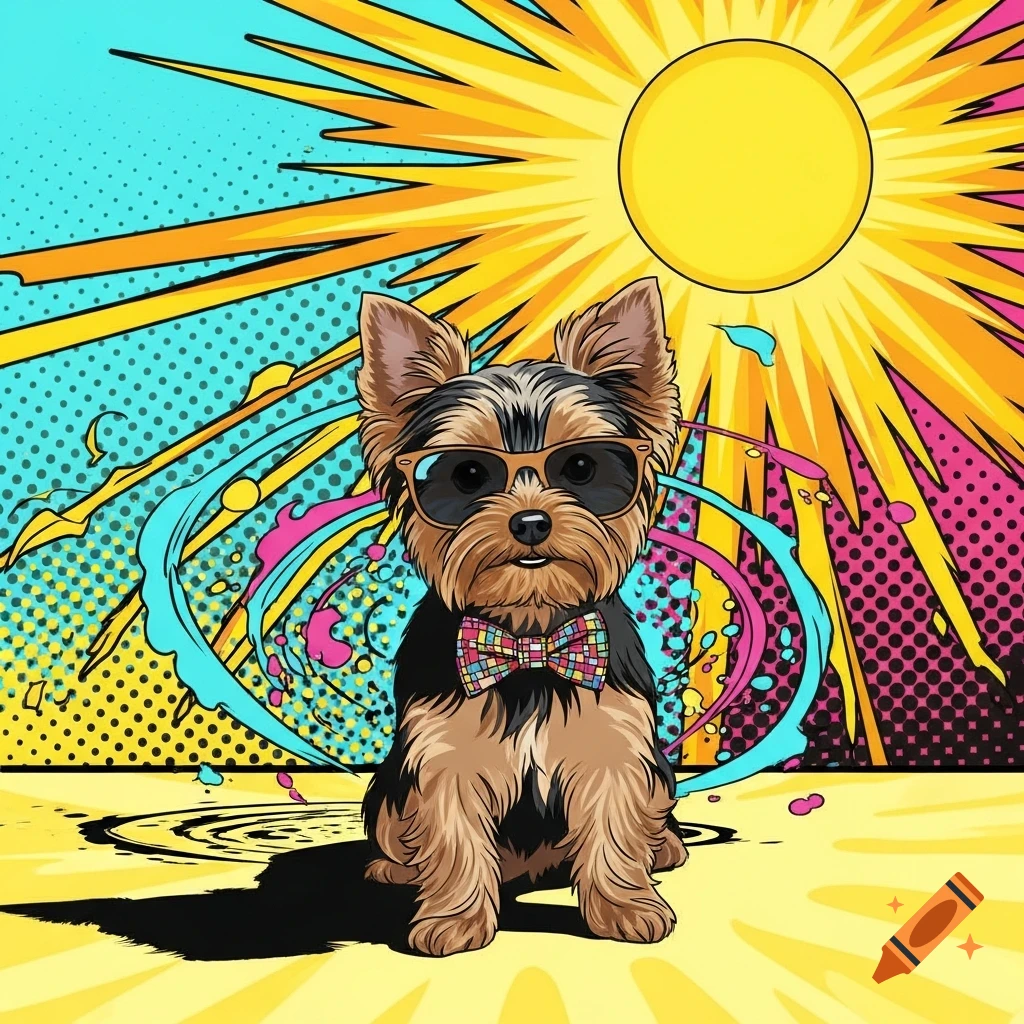 A Yorkshire Terrier wearing sunglasses and a colorful bow tie, depicted in a vibrant pop art style with a bright yellow sun.