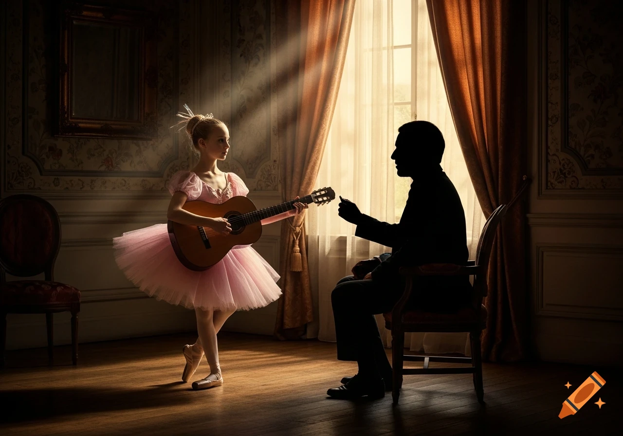 A young ballet dancer in a pink tutu plays an acoustic guitar for a silhouetted man in an ornate, dimly lit room.