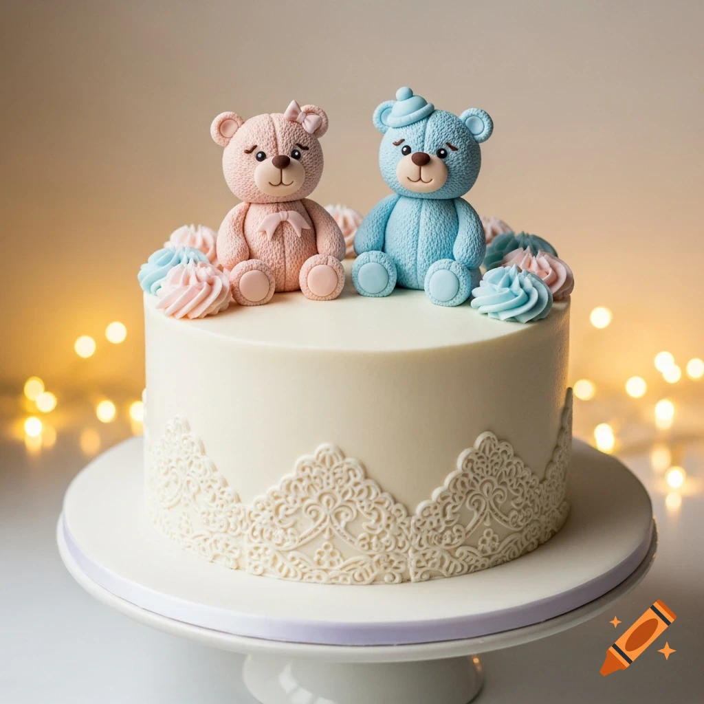 A delicate single-tier white gender reveal cake decorated with a pink and a blue teddy bear, pink and blue frosting swirls, and white lace trim, with blurred fairy lights in the background.