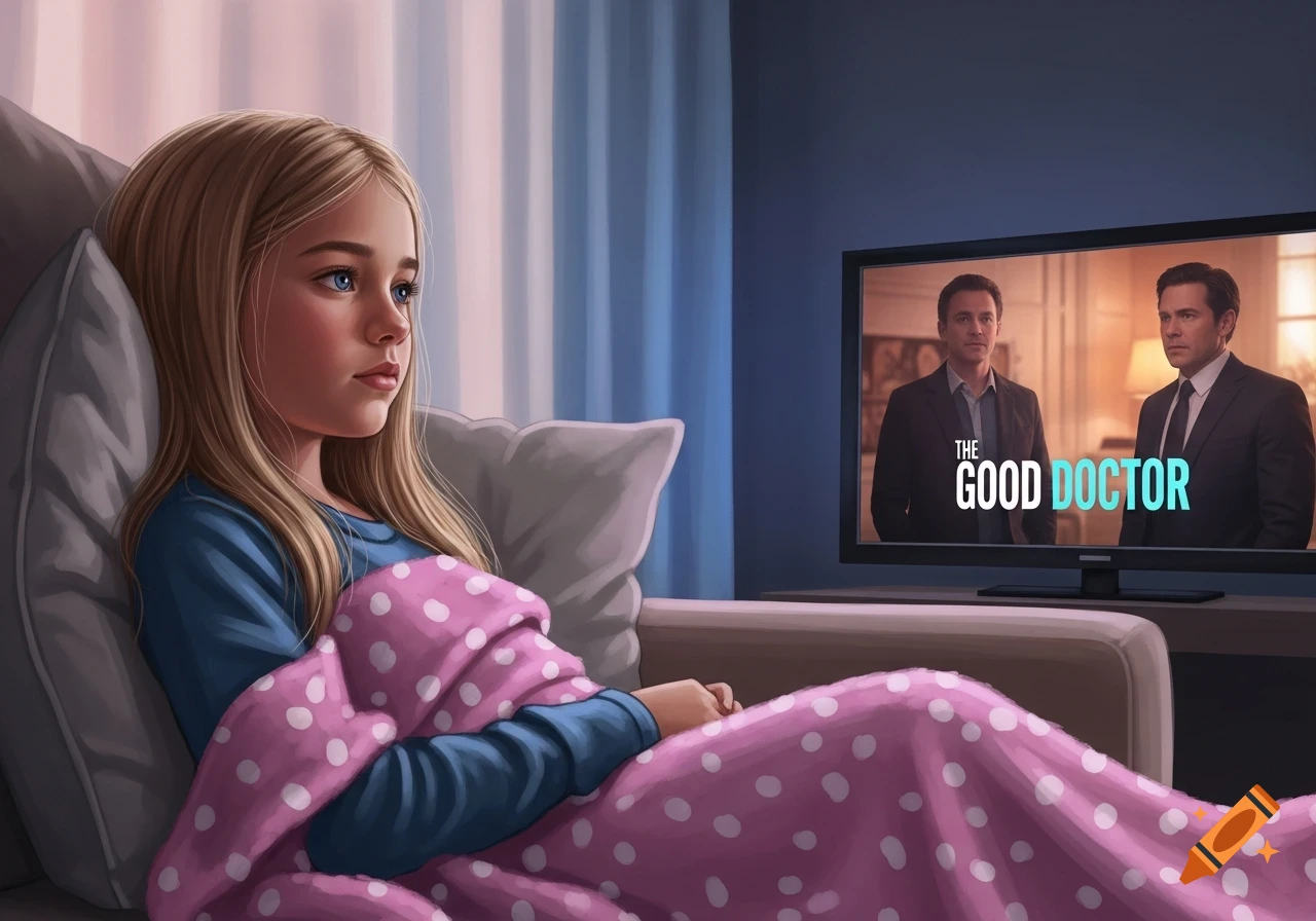 An illustration of a blonde girl with blue eyes, covered in a pink polka dot blanket, watching 'The Good Doctor' on TV in a living room.