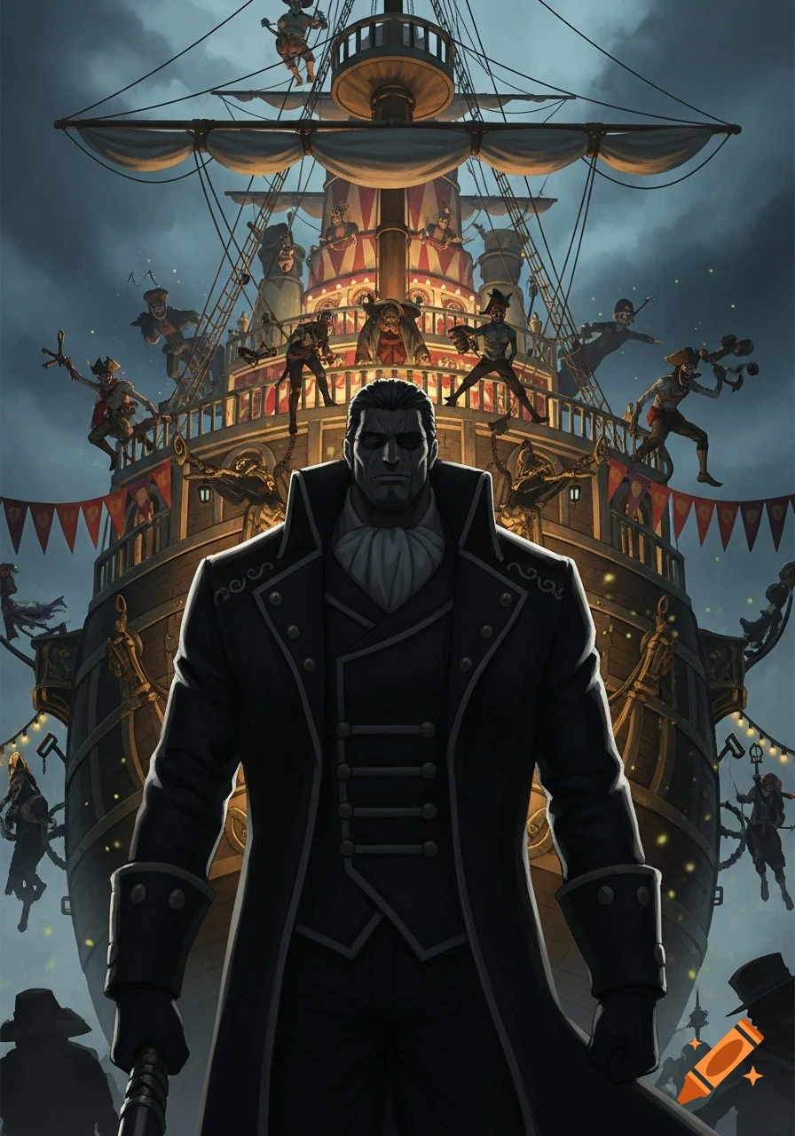 An imposing figure in a dark coat stands before a chaotic steampunk circus-ship filled with freaky carnival pirates under a moody sky.
