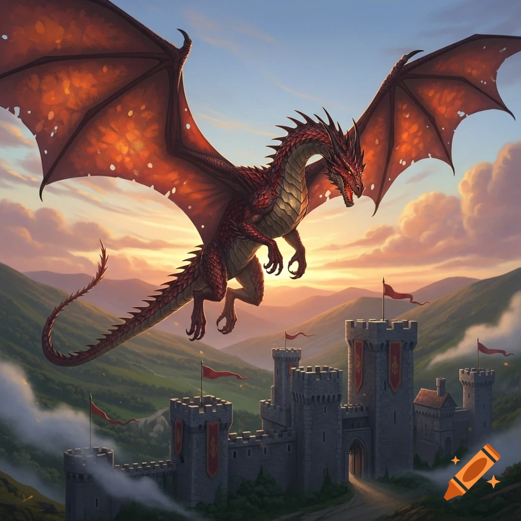 A majestic red dragon with large, fiery wings soars above a grey stone castle and green hills at sunset.