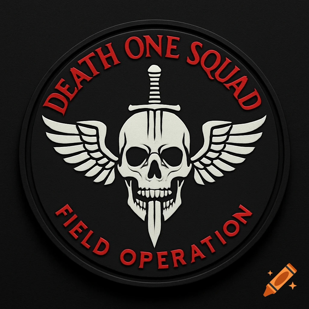 Circular black PVC logo with a white winged skull pierced by a sword, and red text 'Death One Squad' and 'Field Operation'.