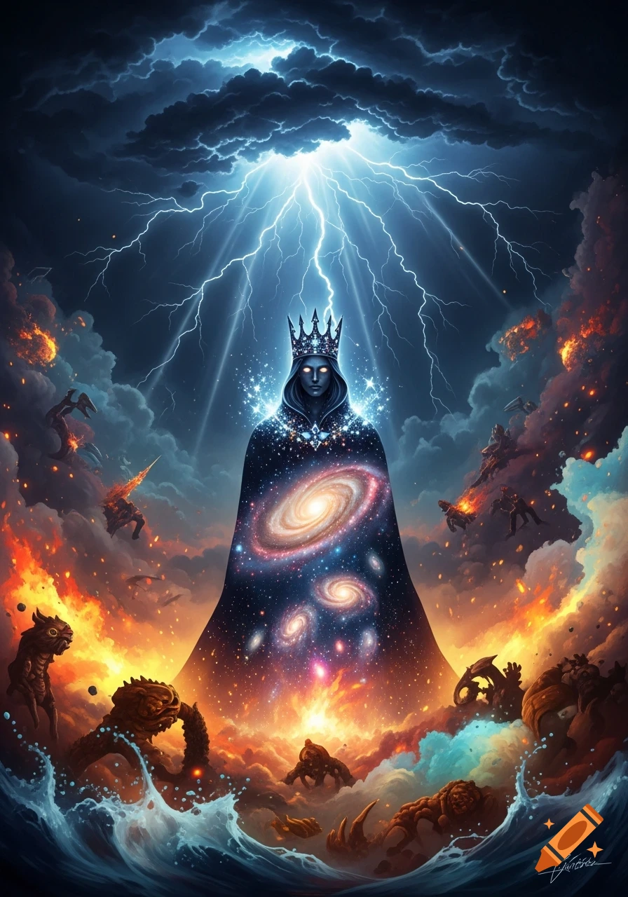 A powerful, crowned figure with galaxies on their robe stands amidst a chaotic scene of lightning, fire, ocean waves, and mythical creatures.