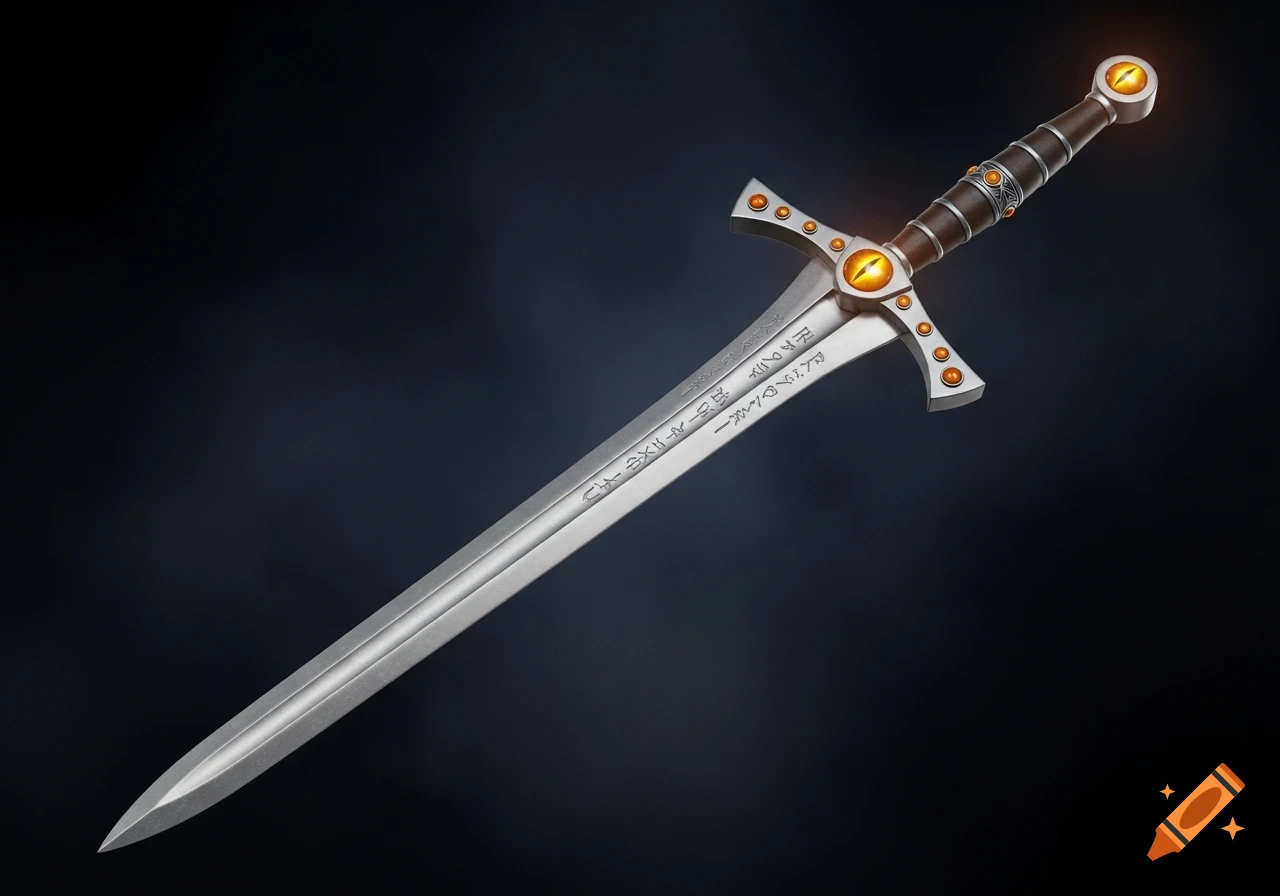 A detailed fantasy sword with glowing amber dragon-eye gems and etched runes on a dark background.