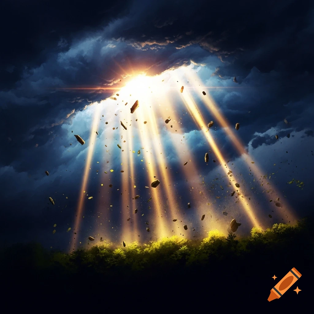 Dramatic rays of sunlight break through dark, stormy clouds, illuminating falling debris over a dark forest landscape.