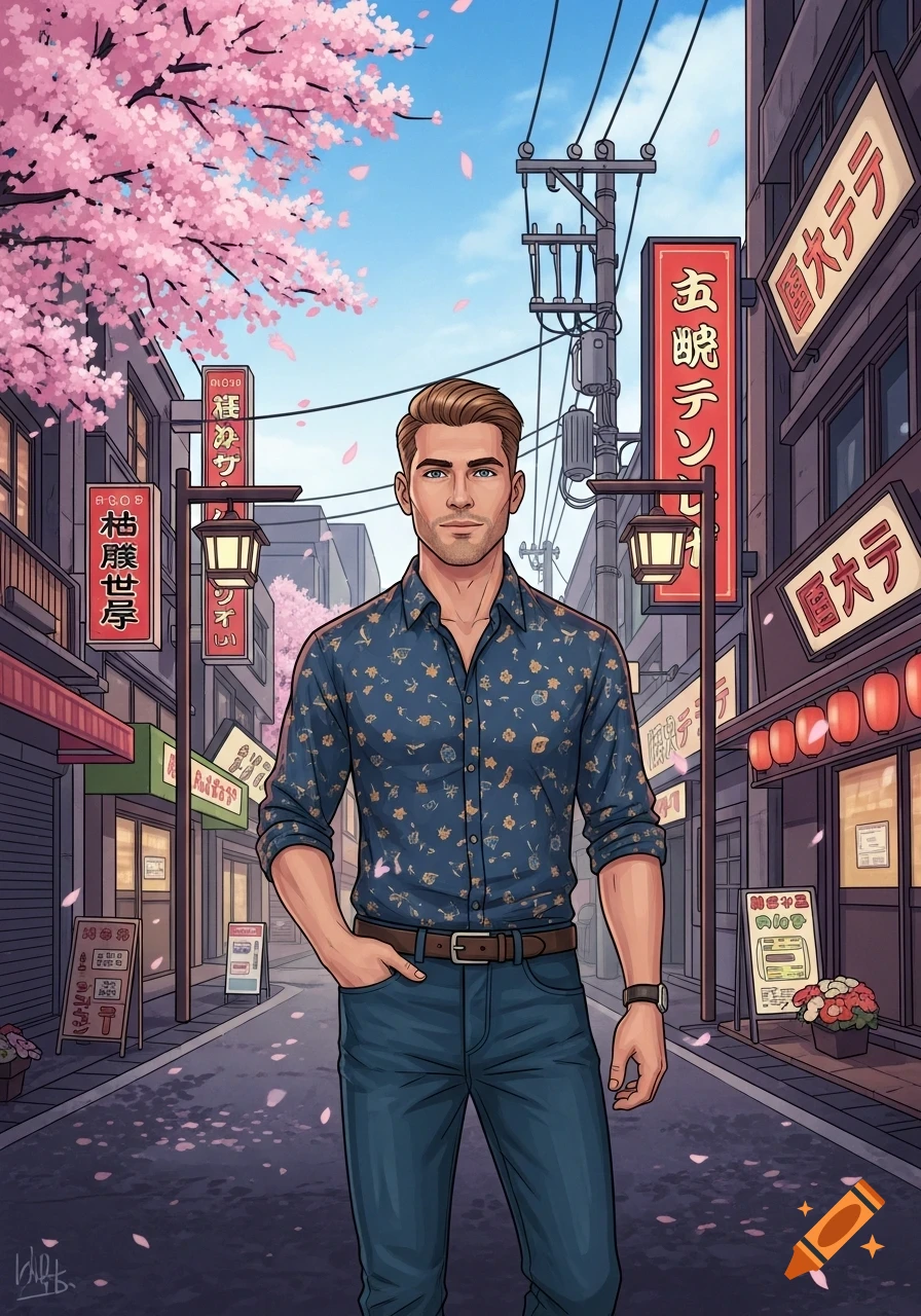 An anime-style man in a patterned shirt and jeans stands on a Japanese street lined with shops under cherry blossoms.