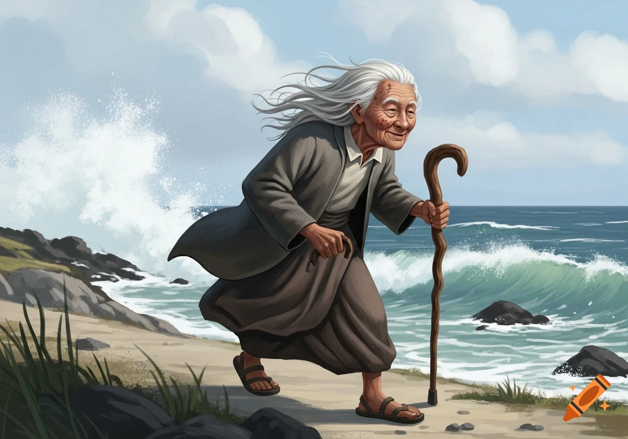 An elderly person with long white hair blowing in the wind smiles while walking with a cane on a sandy beach next to the ocean in an illustration.