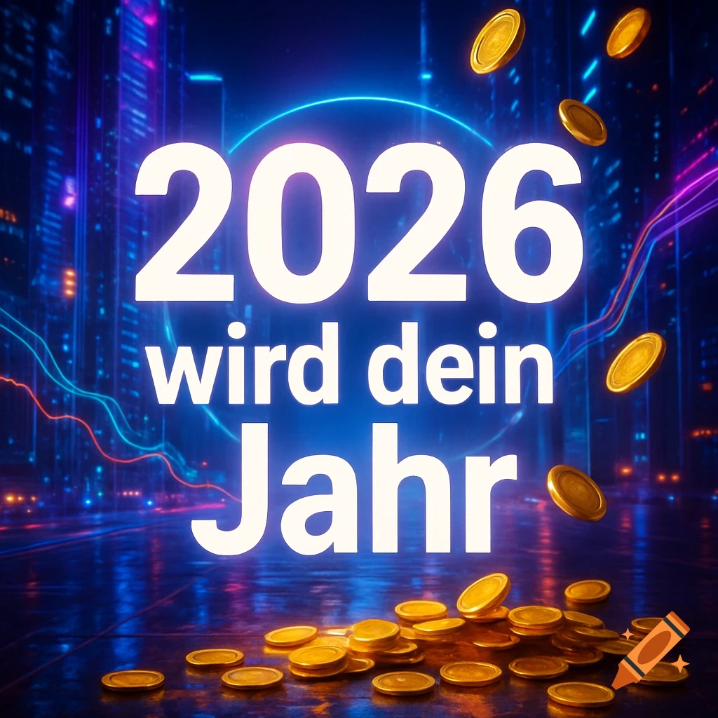 Bright white text '2026 wird dein Jahr' over a neon blue futuristic city skyline, with golden coins falling and piled on the reflective ground.
