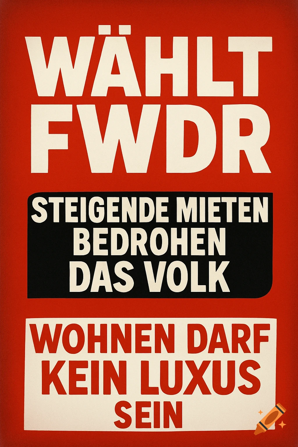 A red poster with white and black text. Top reads "WÄHLT FWDR". Middle has a black bar with white text "STEIGENDE MIETEN BEDROHEN DAS VOLK". Bottom has a white bar with red text "WOHNEN DARF KEIN LUXUS SEIN".